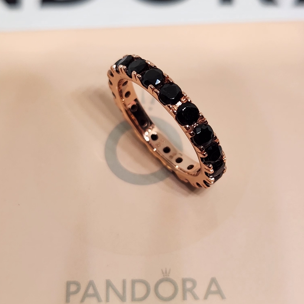 New Pandora Rose Gold Black Sparkling Row Eternity Ring For Women's Size 7 / 54